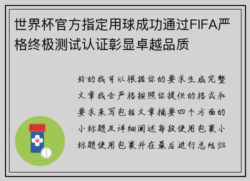 世界杯官方指定用球成功通过FIFA严格终极测试认证彰显卓越品质